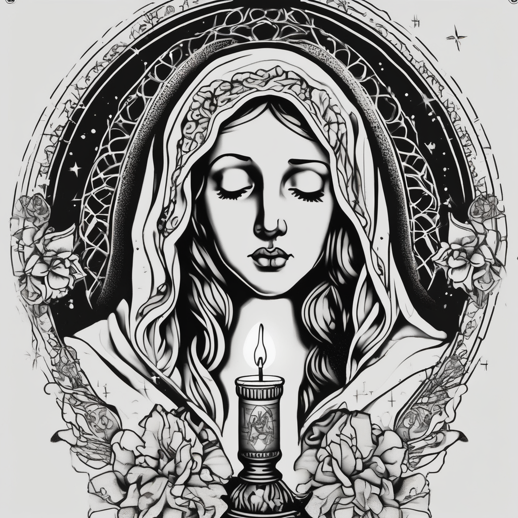 virgin maria holds 1 candle in her hand, tattoo should be full color glitter tattoo, diseño de tatuaje Dotwork generado con IA